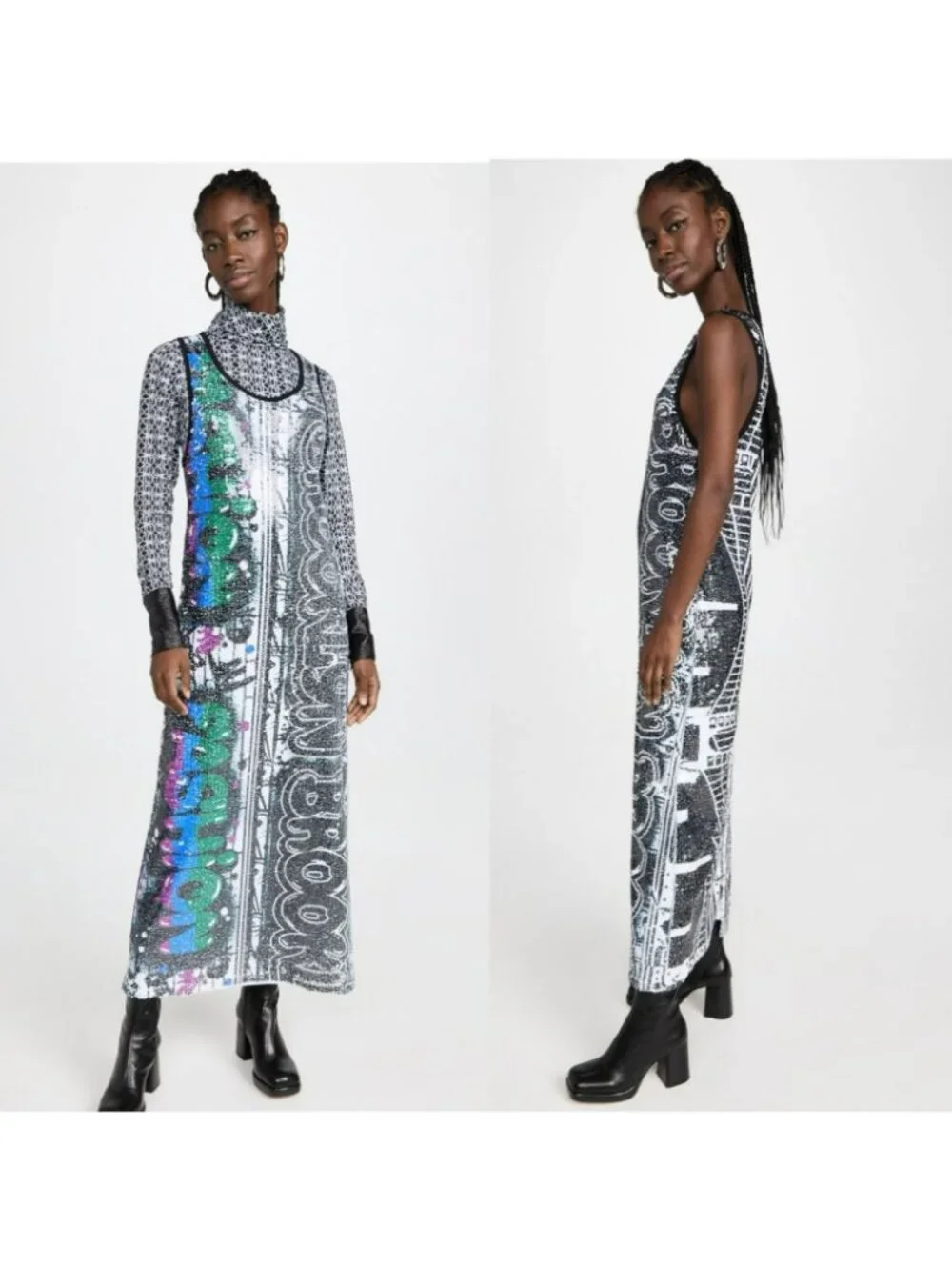Kimberly Goldson $698 Dress Sequin Black White Brooklyn Graffiti Print Maxi - Picture 16 of 16